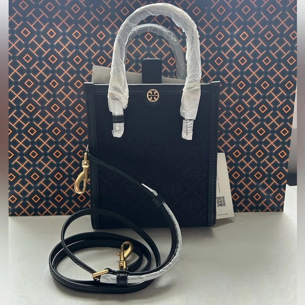Tory Burch T Monogram Mini Tote Bag Crossbody Bag Black Jacquard